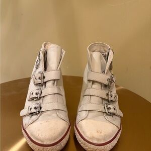 Ash White High-Top Buckle Sneakers with Red Trim
